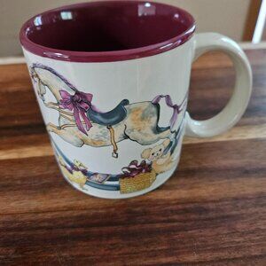 1987 potpourri press vintage rocking horse burgundy mug
